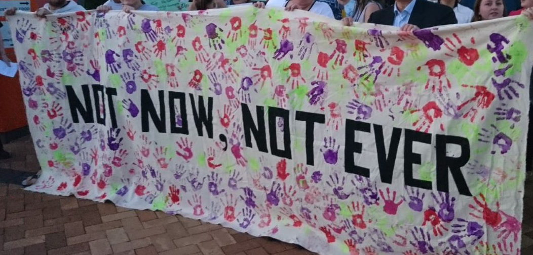 A banner covered in purple, green and red handprints with the words Not Now, Not Ever across the middle