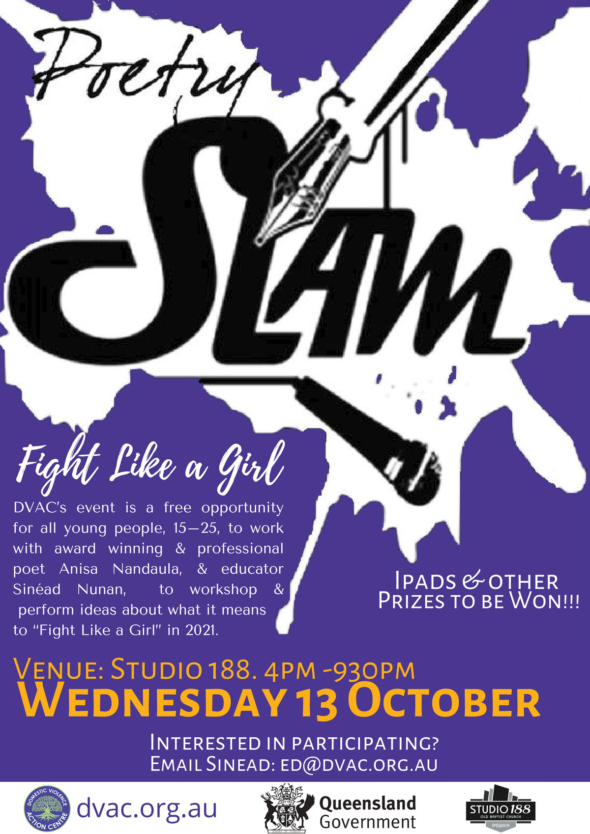 A blotchy purple and white background on a flyer with a black drawing of a pen and a microphone and the title Poetry Slam Fight Like a Girl