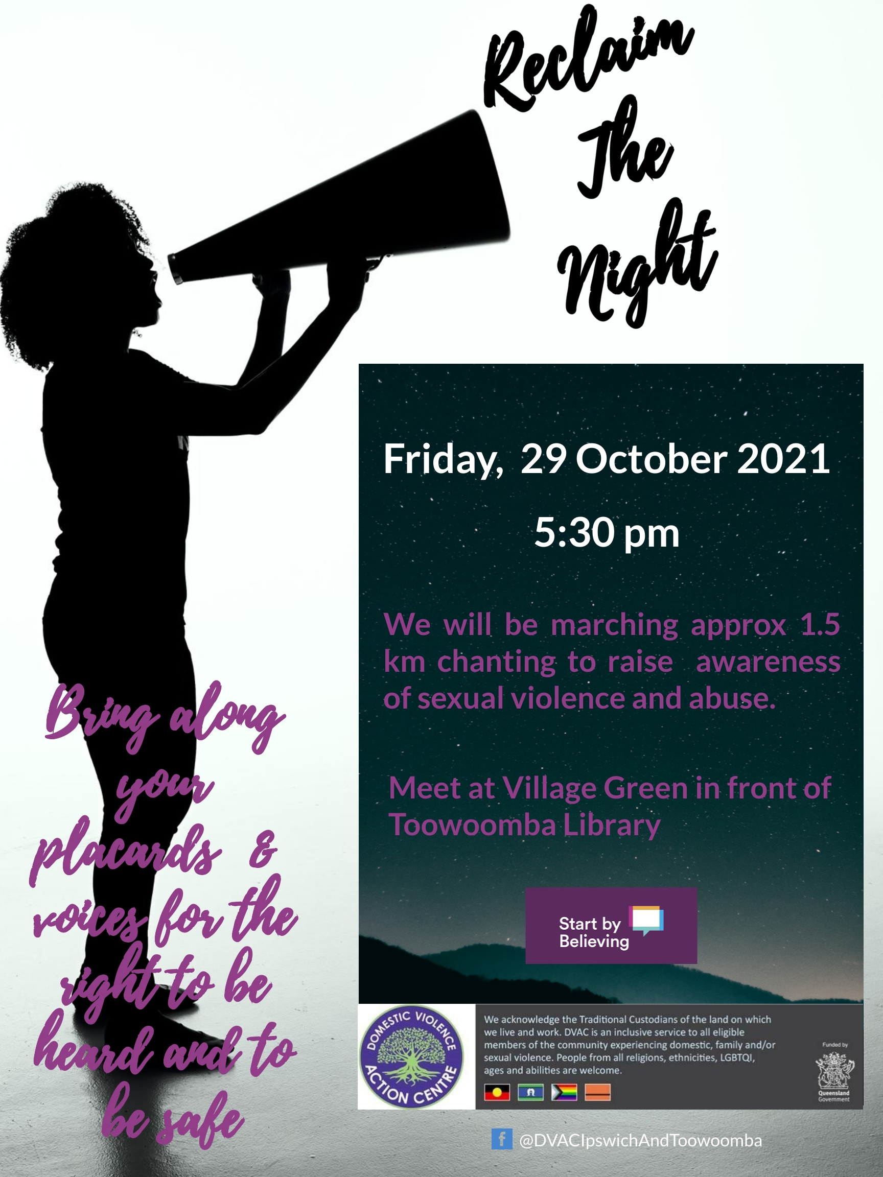 Silhouette of a figure with frizzy hair shouting into a megaphone with the words Reclaim The Night along with details of the event